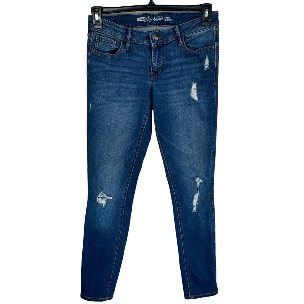 Old Navy SZ 8 Rockstar Skinny Jeans Distressed Pockets Low-Rise Stretch Zip-Fly